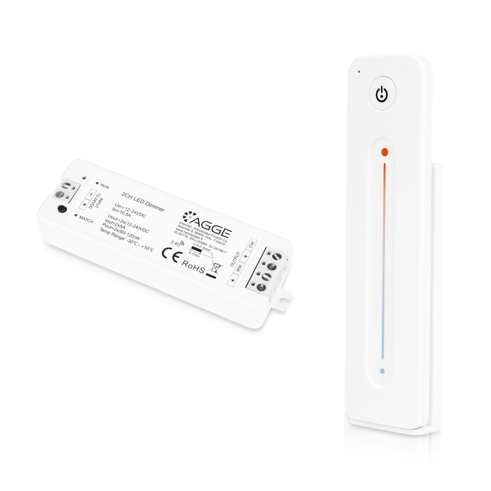Drivdon till LED-list AGGE CCT Color Controller, RF 2.4 GHz, Drivdon + Fjärrkontroll Touch Slide (Vit)