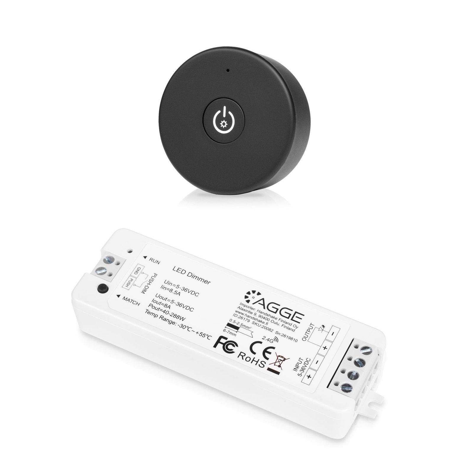 Fjärrkontroll för LED-list AGGE Dimming One-Key, RF 2.4 GHz, Svart fjärrkontroll + Drivdon