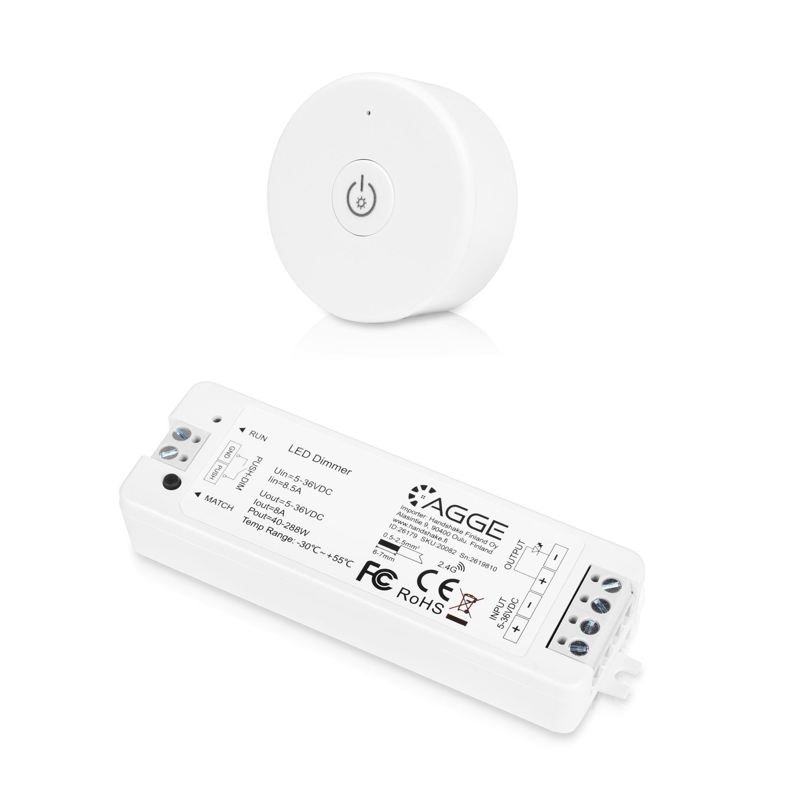 Fjärrkontroll för LED-list AGGE Dimming One-Key, RF 2.4 GHz, Vit fjärrkontroll + Drivdon