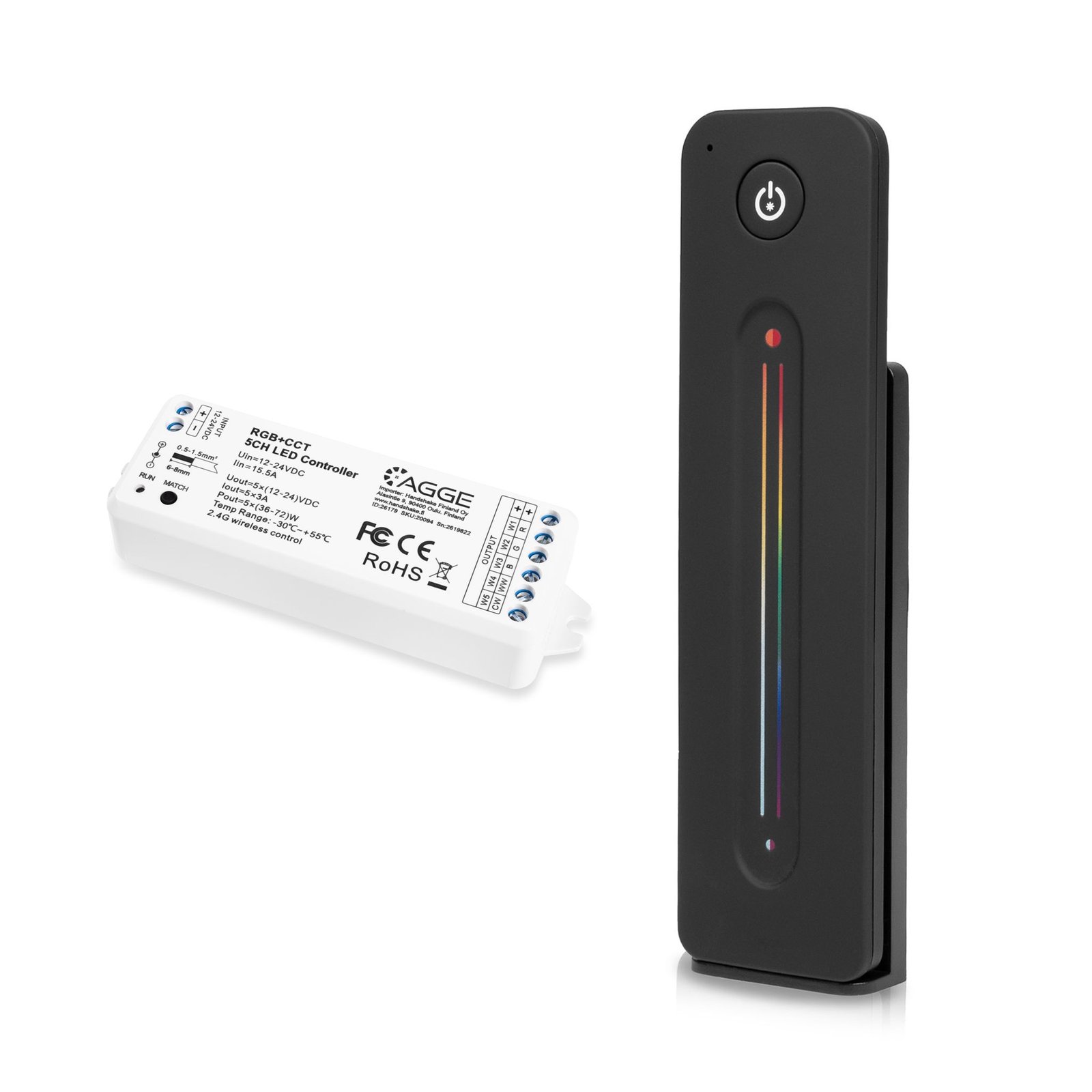 Drivdon till LED-list AGGE RGB+CCT Color Controller, RF 2.4 GHz, Drivdon + Fjärrkontroll Touch Slide (Svart)