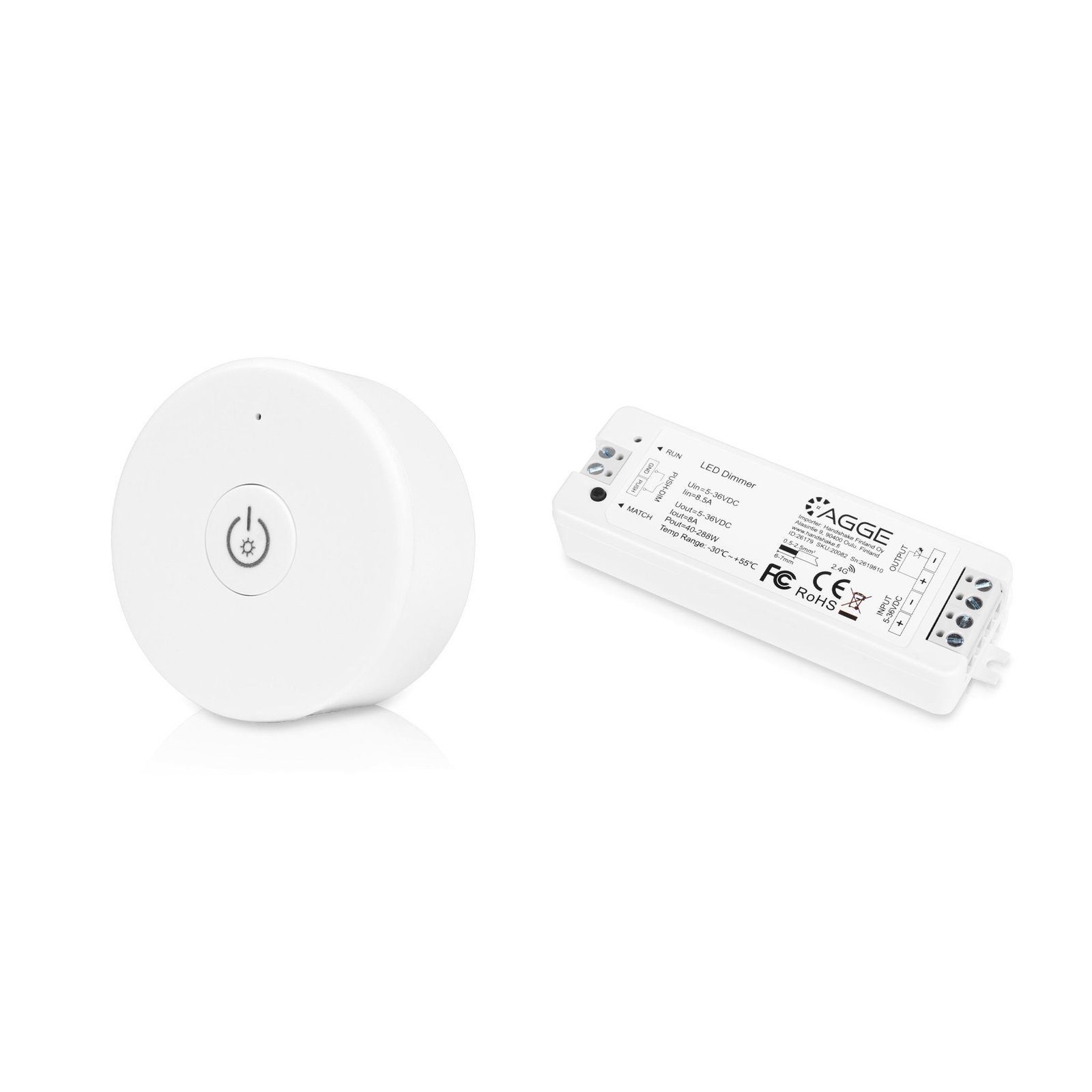 Drivdon till LED-list AGGE Single Color Controller, RF 2.4 GHz, Drivdon + Fjärrkontroll Dimming One-Key (Vit)