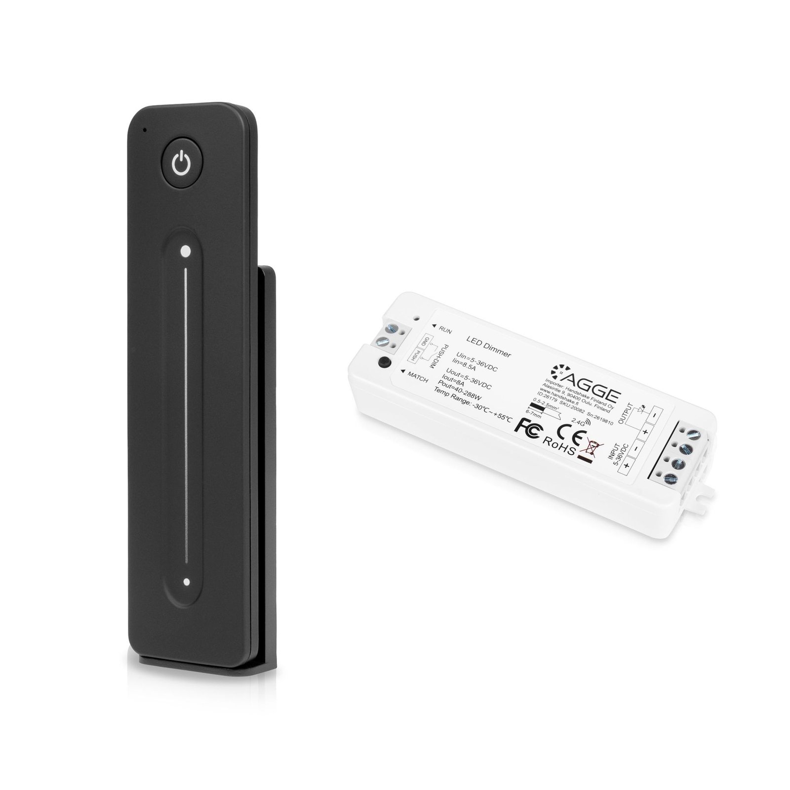 Drivdon till LED-list AGGE Single Color Controller, RF 2.4 GHz, Drivdon + Fjärrkontroll Dimming Touch Slide (Svart)