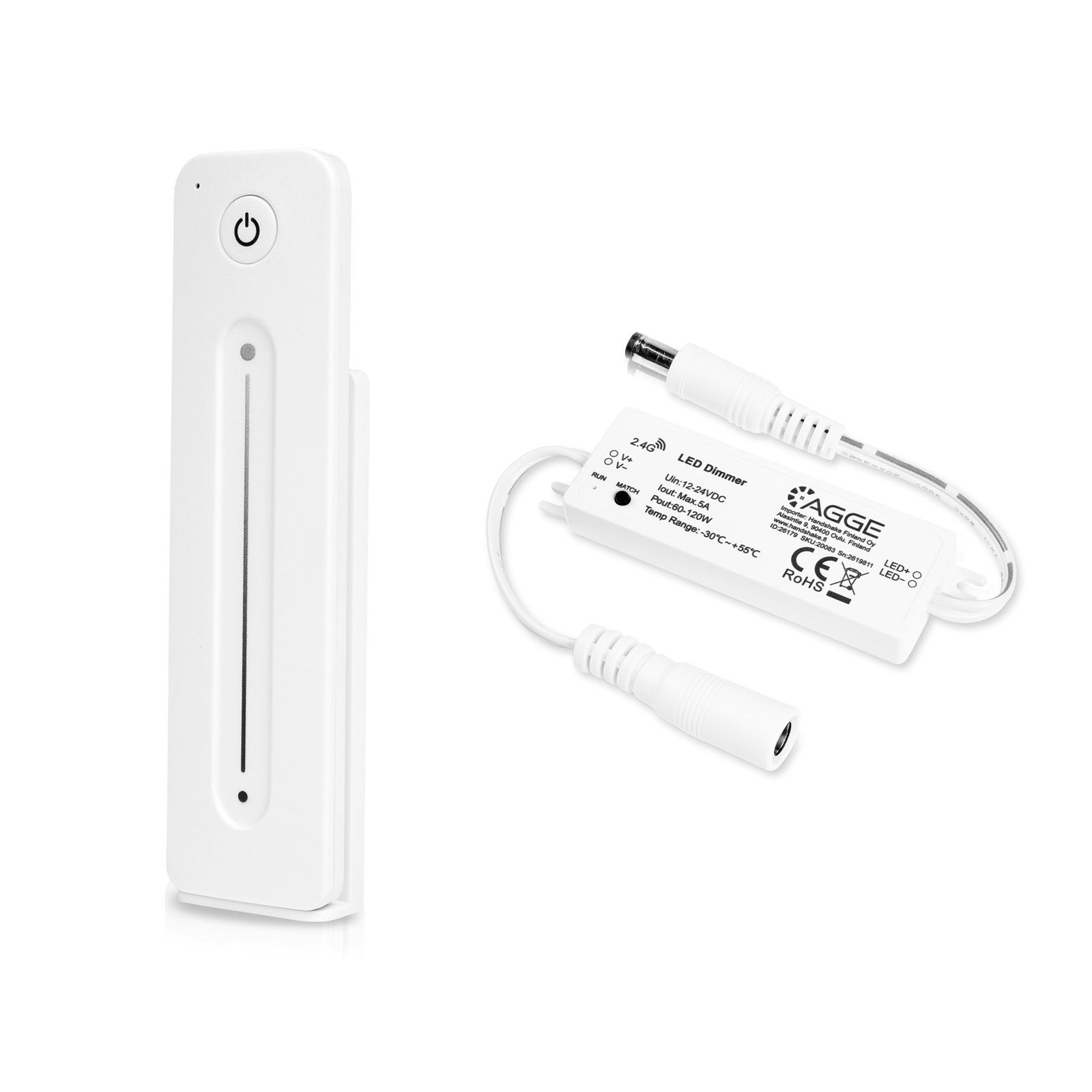 Drivdon till LED-list AGGE Single Color Mini Controller, RF 2.4 GHz, Drivdon + Fjärrkontroll Touch Slide (Vit)