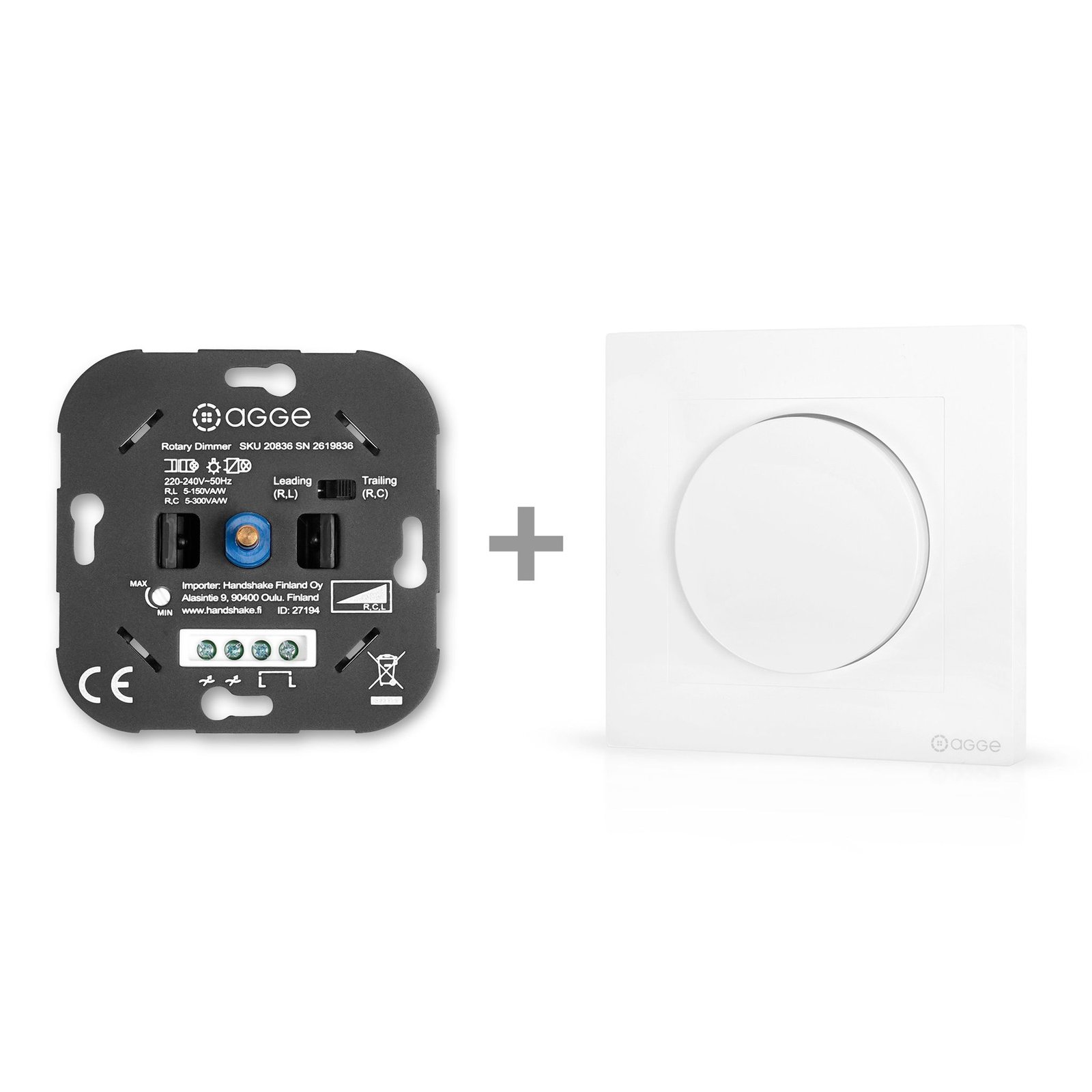 Dimmervred AGGE Universal Rotary Dimmer - RC/RL / 300W, Dimmervred + Täckram