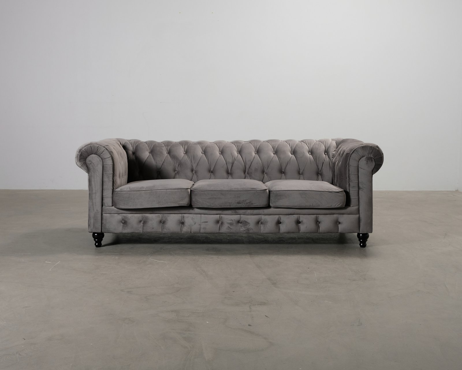 Chesterfield Lyx 3-sits sammetssoffa grå