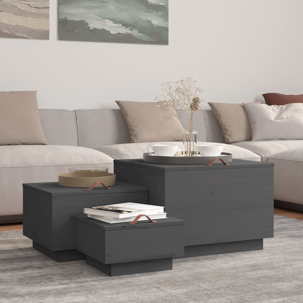 vidaXL Förvaringslådor med lock 3 st grå massiv furu