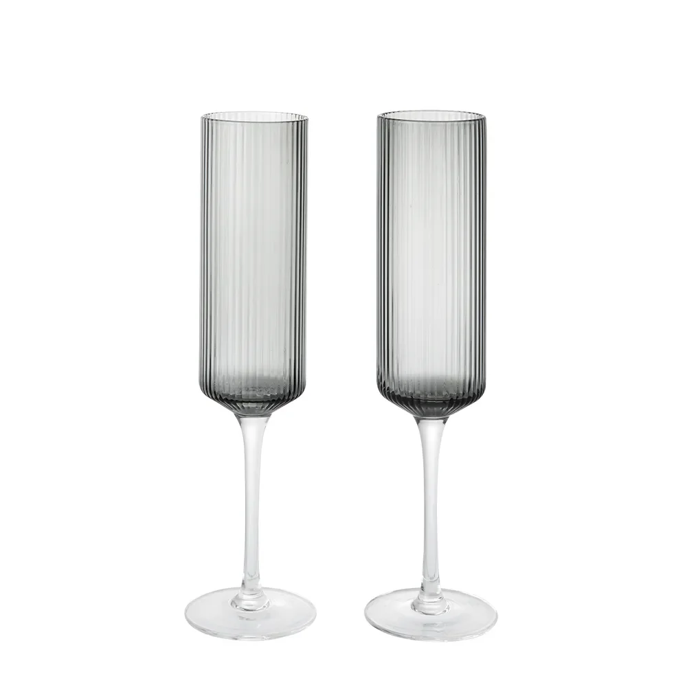 Ferm Living, Champagneglas 2-pack Ripple Smoked Grey