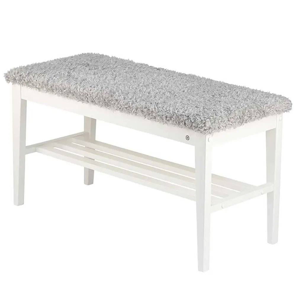 Oscarssons Möbel, Nadja Bänk Vitlackad Björk/Fårskinnslook ljusgrå